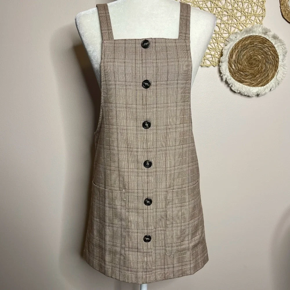 Forever 21 Plaid Button Overall Jumper Mini Dress (brown/tan) - small